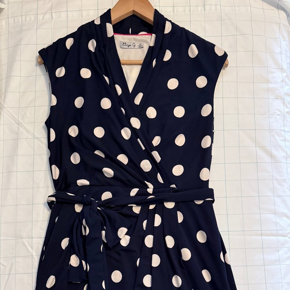Eliza J Polka Dot Dress Womens Size 6Petite Blue & White Crossover Lined Stretch